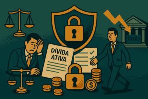 Imagem em estilo flat mostrando um empresário preocupado ao lado de um documento de “Dívida Ativa” e balança da justiça, com um escudo e cadeado ao centro simbolizando proteção, e outro empresário caminhando em direção a um prédio de governo identificado como “Taxas”.