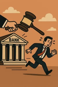 Ilustração conceitual mostrando a pressão judicial sobre empresários em casos de execução bancária.