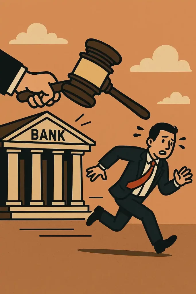 Ilustração conceitual mostrando a pressão judicial sobre empresários em casos de execução bancária.