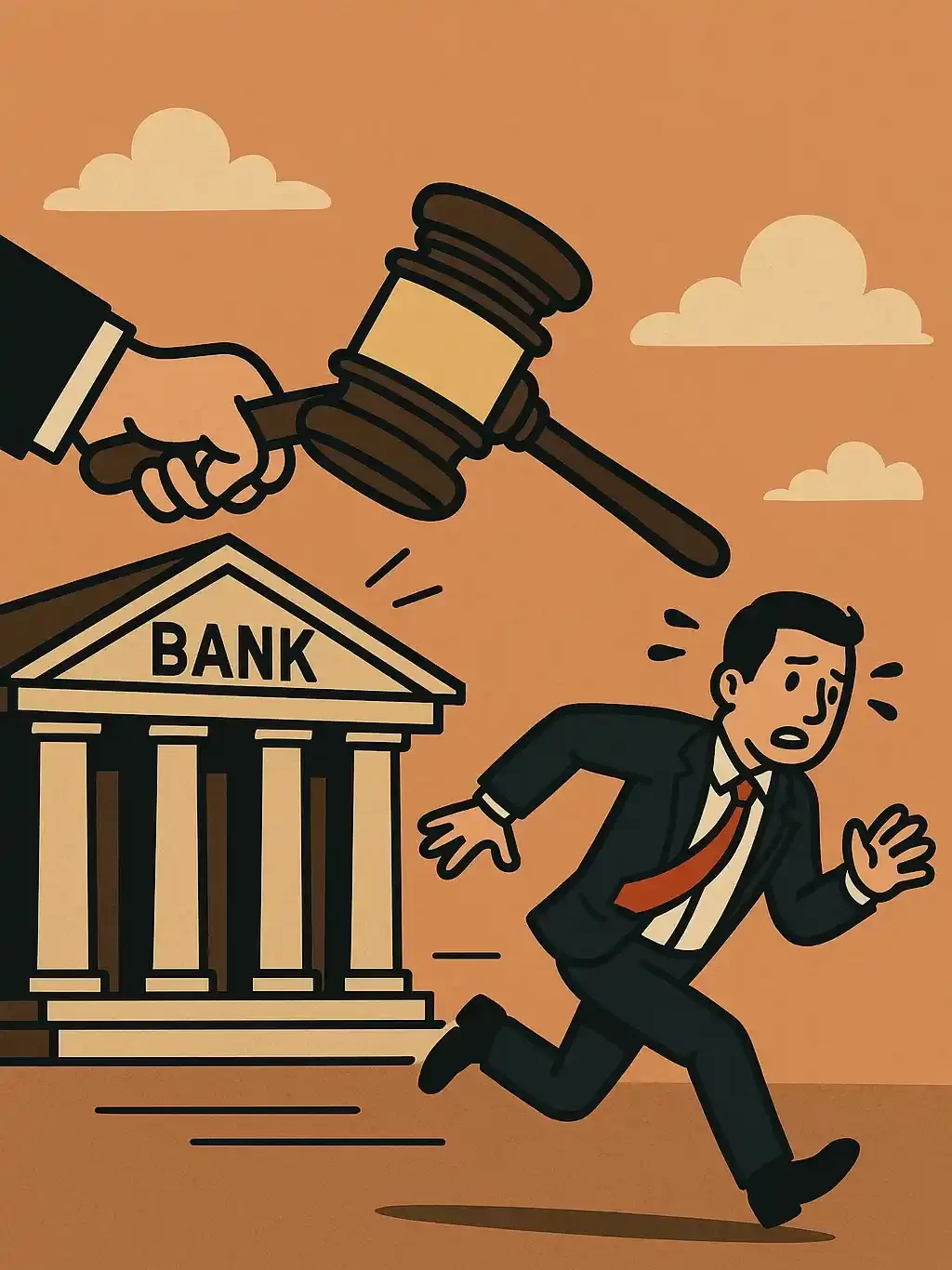 Ilustração conceitual mostrando a pressão judicial sobre empresários em casos de execução bancária.