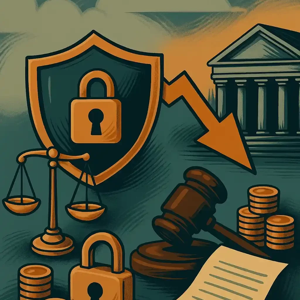 Ilustração com balança da justiça, cadeados, martelo de juiz, moedas empilhadas, contrato e um escudo com símbolo de segurança, ao fundo um prédio que representa o tribunal e uma seta apontando para baixo.