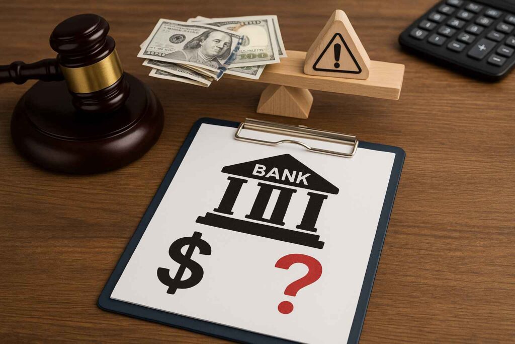 Prancheta com símbolo de banco, cifrão e ponto de interrogação, ao lado de um martelo de juiz e notas de dinheiro em desequilíbrio, representando empresa com passivo bancário alto e insegurança financeira.
