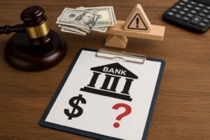 Prancheta com símbolo de banco, cifrão e ponto de interrogação, ao lado de um martelo de juiz e notas de dinheiro em desequilíbrio, representando empresa com passivo bancário alto e insegurança financeira.