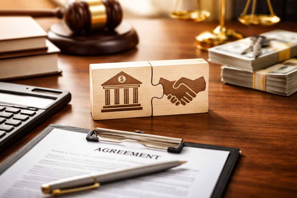 Blocos de madeira simbolizando banco e acordo com aperto de mãos sobre mesa jurídica, representando negociação e acordo bancário.