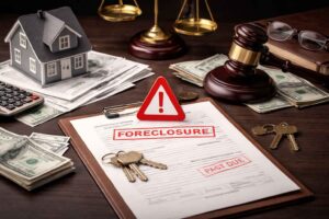 Imagem representando ameaça de execução bancária com documento de foreclosure, dinheiro, casa em miniatura e elementos jurídicos.