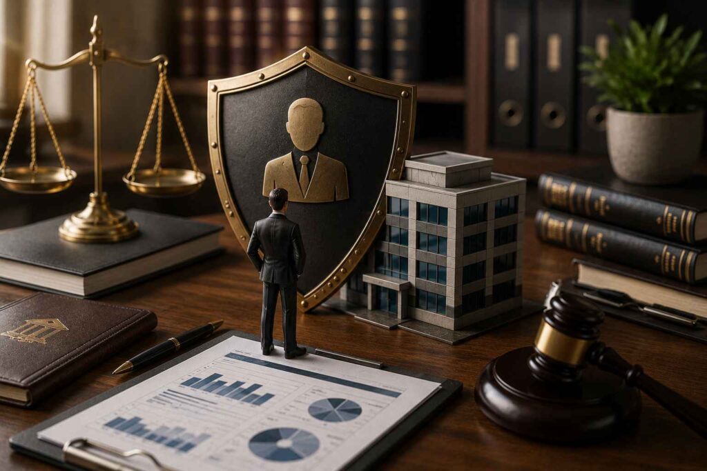 Empresário diante de escudo de proteção ao lado de empresa, simbolizando blindagem jurídica empresarial.