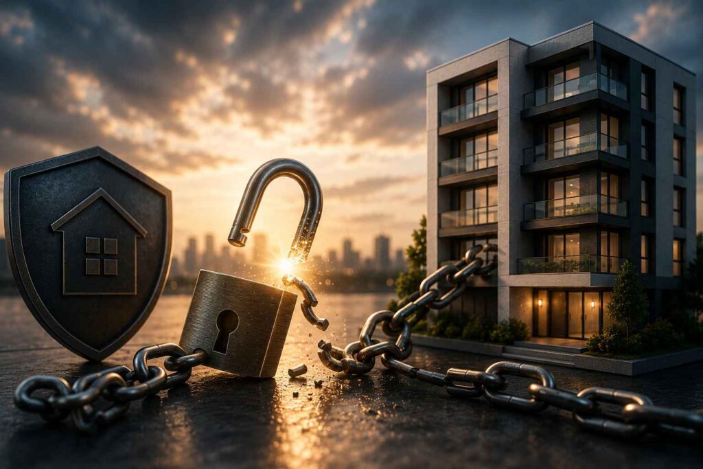 Cadeado aberto e correntes rompidas ao lado de um imóvel residencial moderno, simbolizando a liberação da hipoteca após a quitação da dívida.