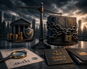 Balança metálica em desequilíbrio, com um banco e moedas de um lado e diversos bens empresariais acorrentados do outro, simbolizando garantias excessivas exigidas em contratos bancários.